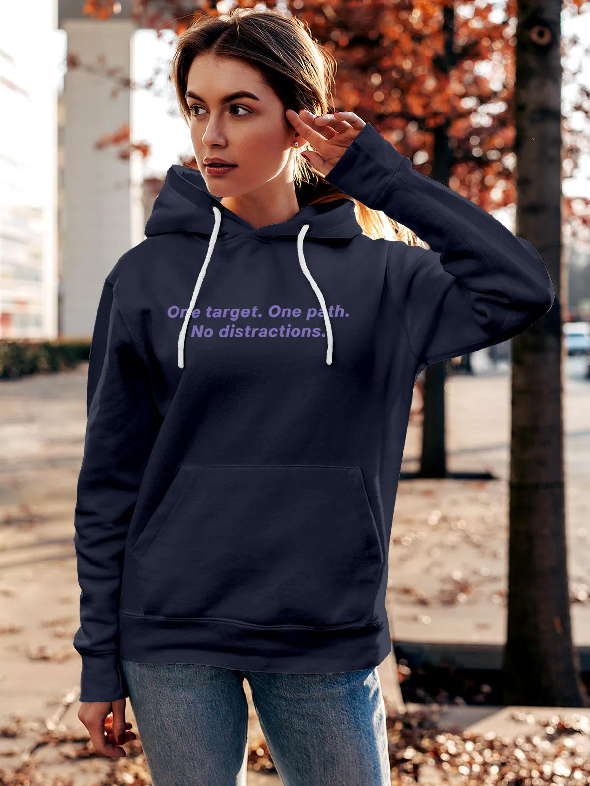 Front view of Fighterhero Women's Navy Blue Hoodie Sweatshirt, highlighting the modern look and clean finish