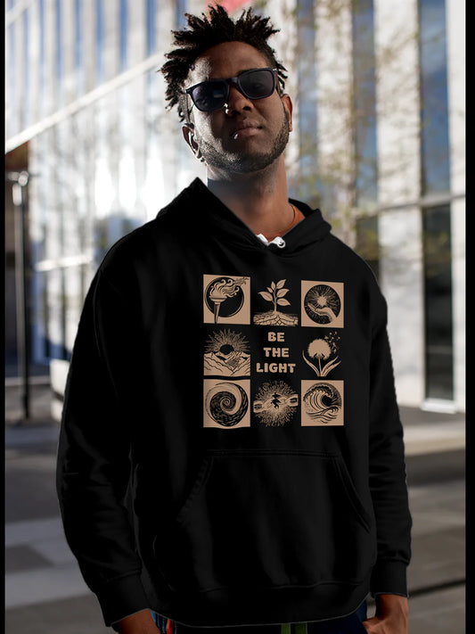 Fighterhero Hoodies: Model wearing Men's Black Hoodie Sweatshirt with 'Be The Light' design