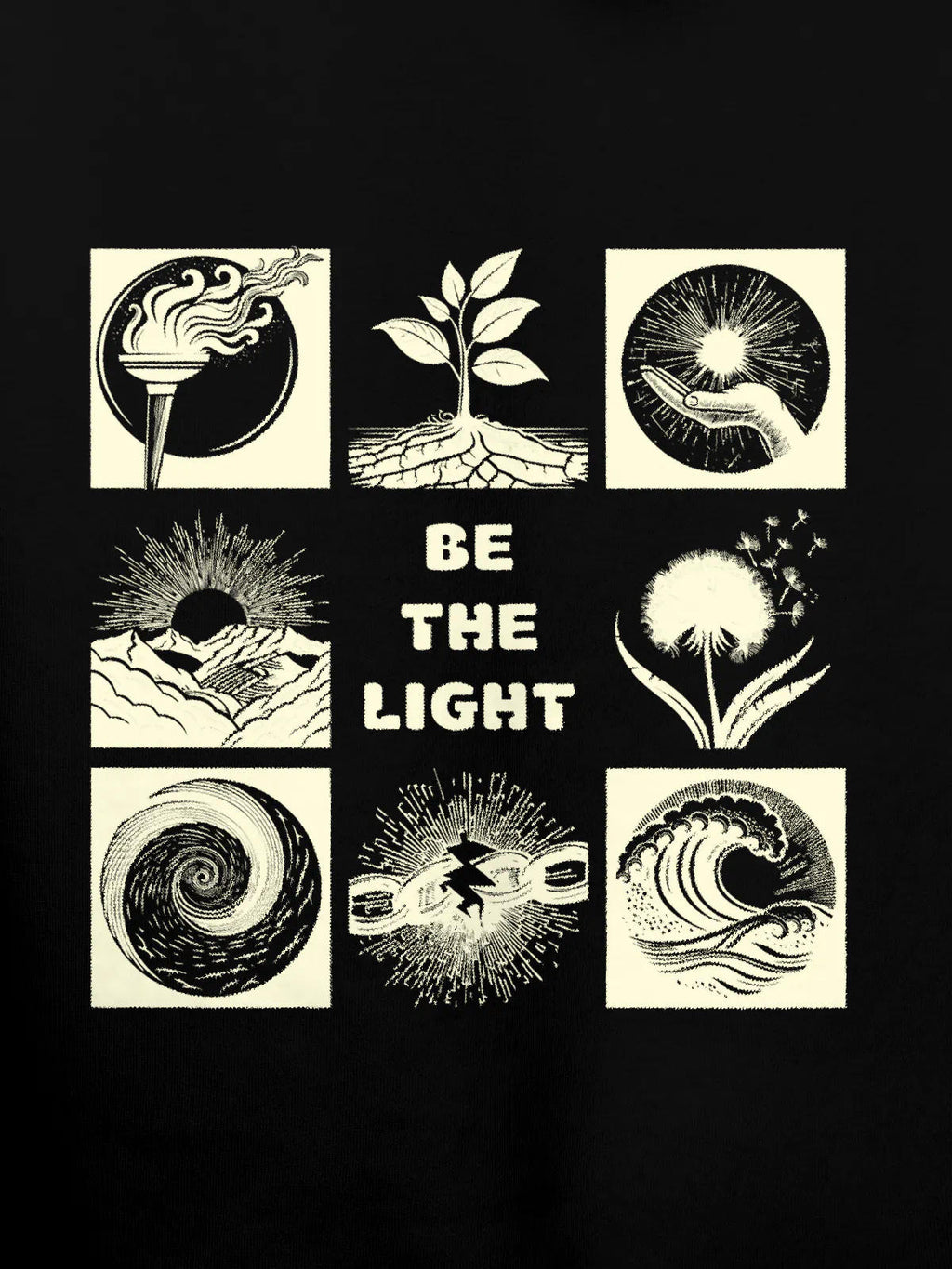 Close up of 'Be The Light' design on Men's Black Hoodie Sweatshirt, highlighting intricate details and vibrant print.