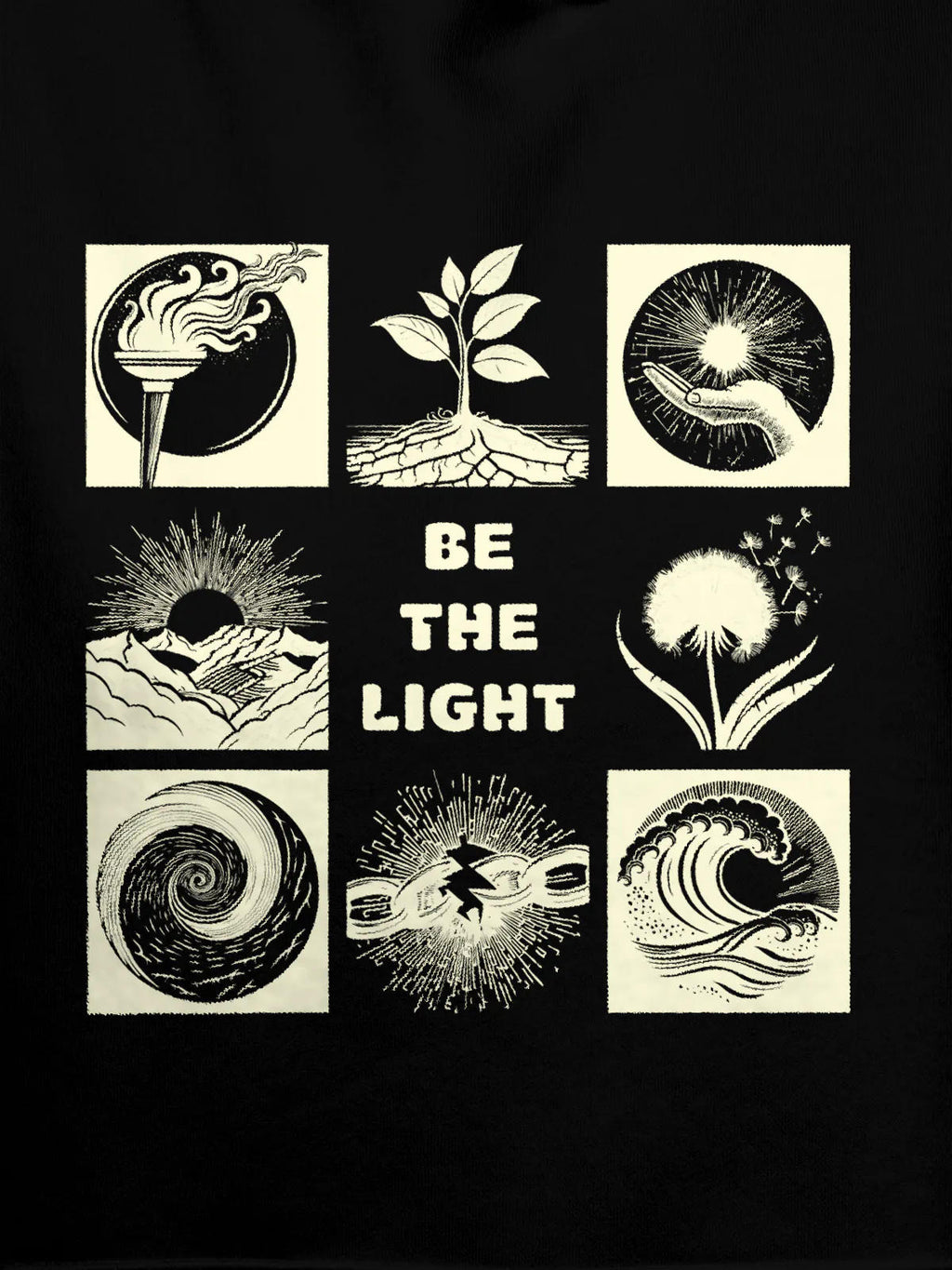 Close up of 'Be The Light' design on Women's Black Hoodie Sweatshirt, highlighting intricate details and vibrant print.