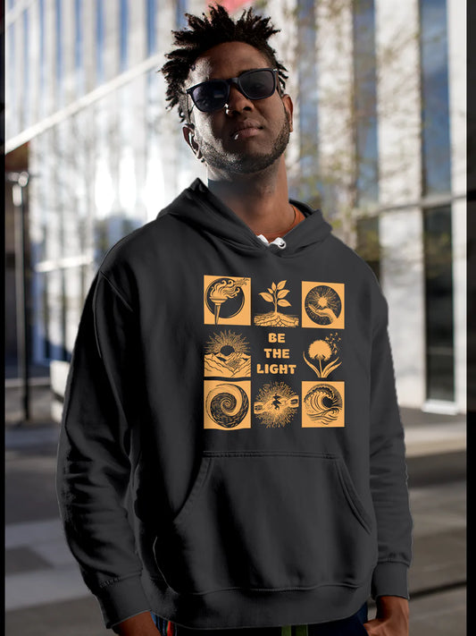 Fighterhero Hoodies: Model wearing Men's Dark Grey Hoodie Sweatshirt with 'Be The Light' design