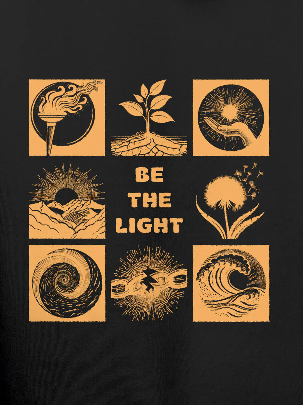 Close up of 'Be The Light' design on Men's Dark Grey Hoodie Sweatshirt, highlighting intricate details and vibrant print.
