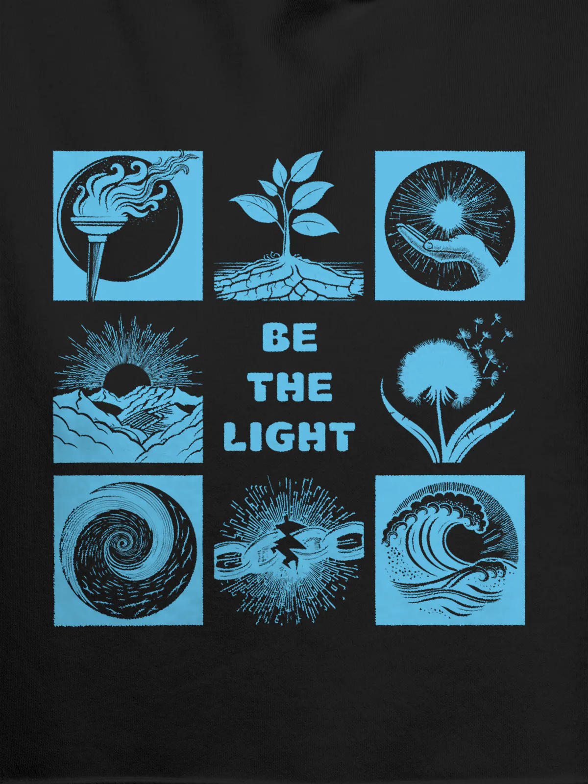 Close up of 'Be The Light' design on Women's Dark Grey Hoodie Sweatshirt, highlighting intricate details and vibrant print.