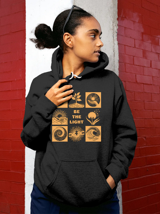Fighterhero Hoodies: Model wearing Women's Dark Grey Hoodie Sweatshirt with 'Be The Light' design