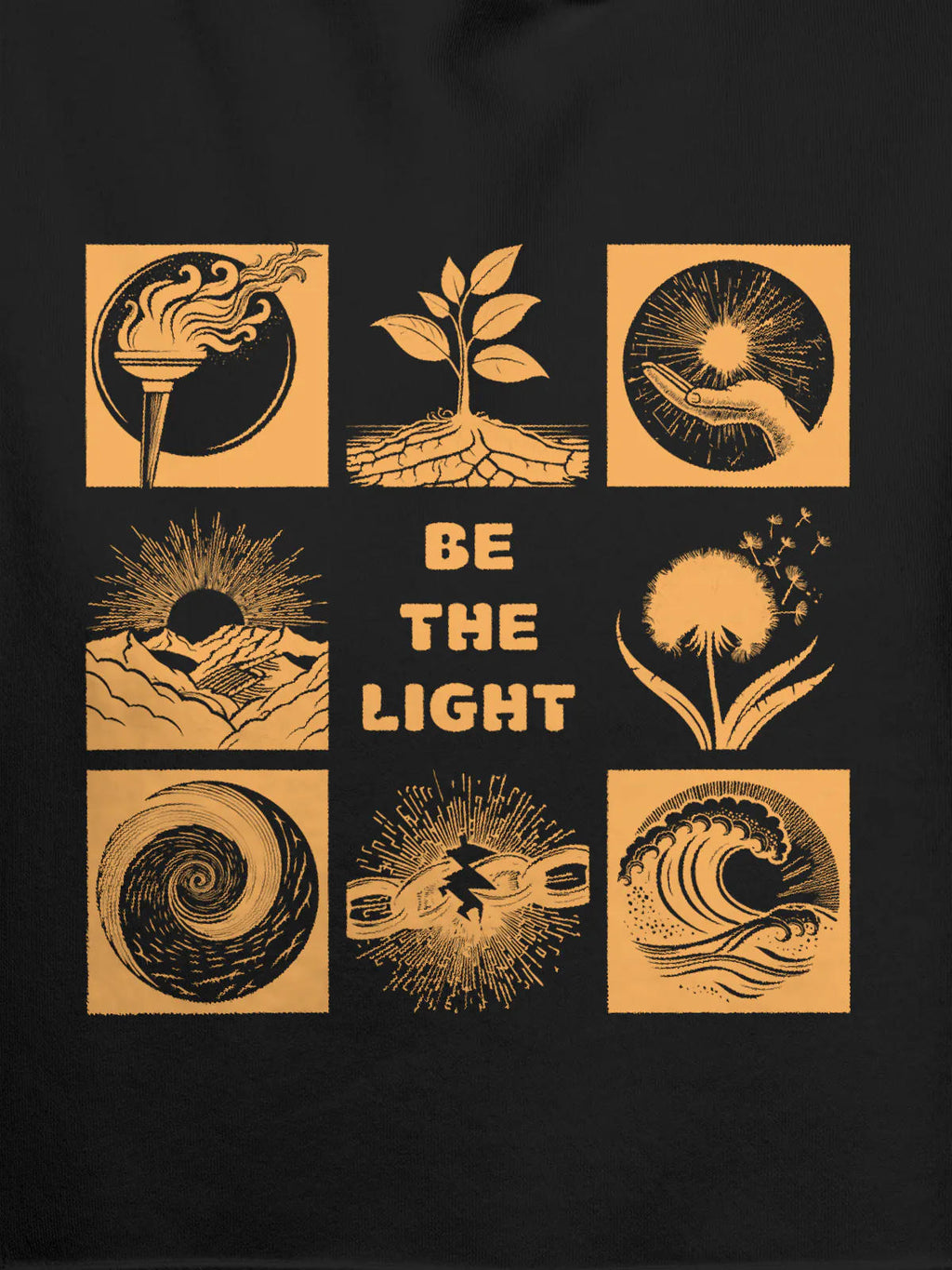Close up of 'Be The Light' design on Women's Dark Grey Hoodie Sweatshirt, highlighting intricate details and vibrant print.