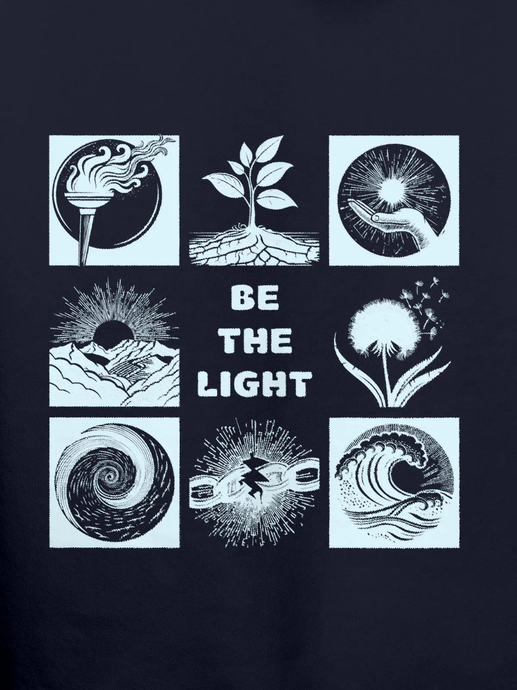 Close up of 'Be The Light' design on Men's Navy Blue Hoodie Sweatshirt, highlighting intricate details and vibrant print.
