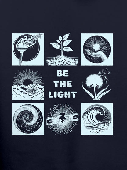 Close up of 'Be The Light' design on Men's Navy Blue Hoodie Sweatshirt, highlighting intricate details and vibrant print.