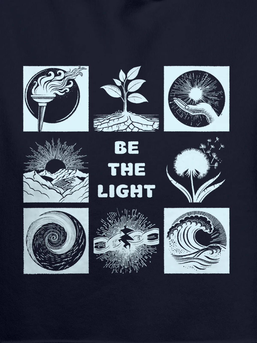 Close up of 'Be The Light' design on Women's Navy Blue Hoodie Sweatshirt, highlighting intricate details and vibrant print.