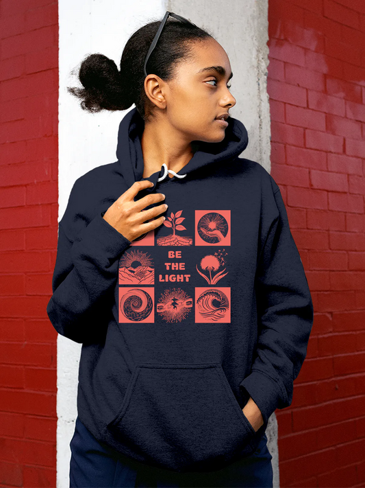 Fighterhero Hoodies: Model wearing Women's Navy Blue Hoodie Sweatshirt with 'Be The Light' design