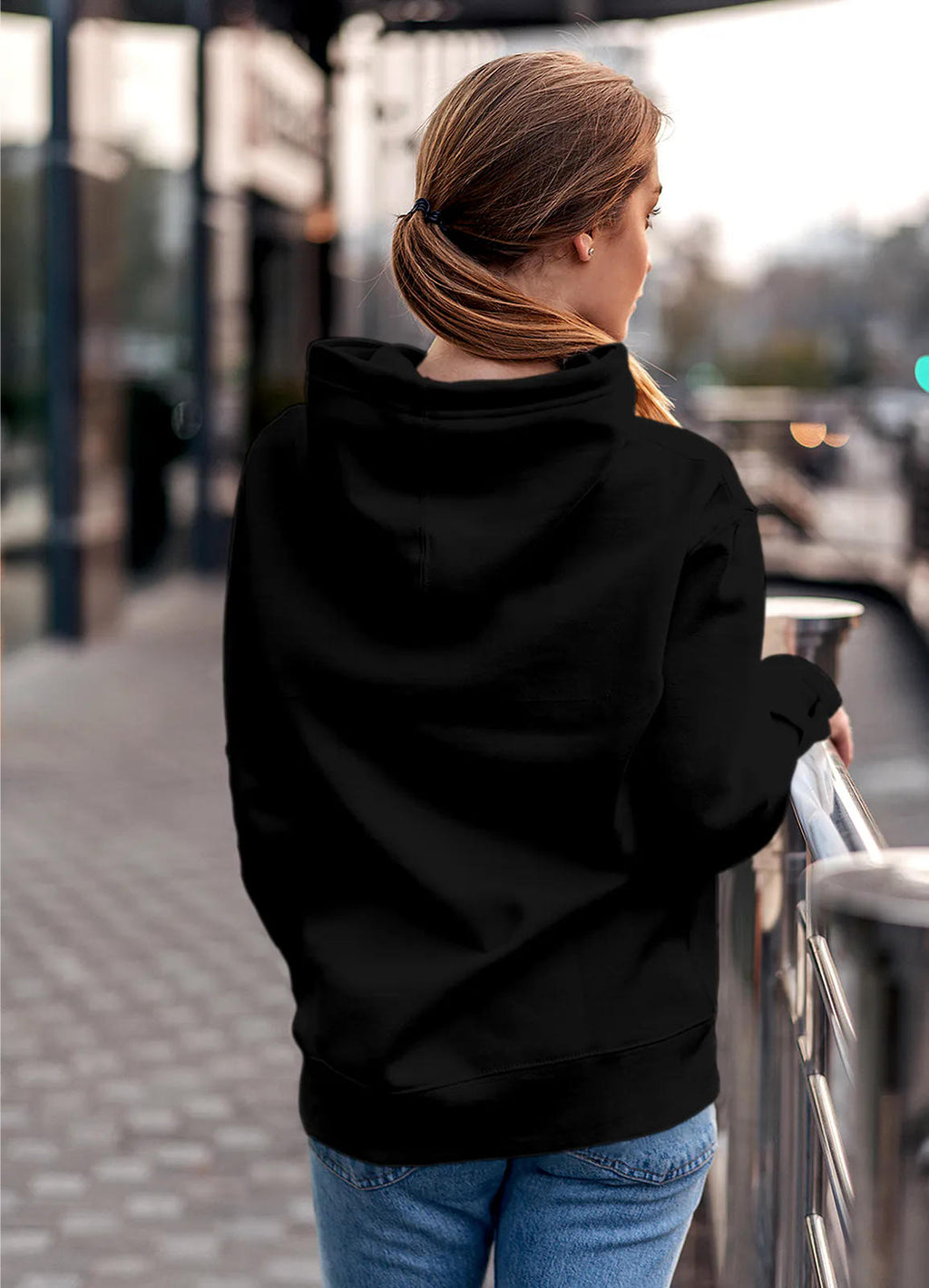 Back view of Fighterhero Women's Black Hoodie Sweatshirt, highlighting the modern look and clean finish