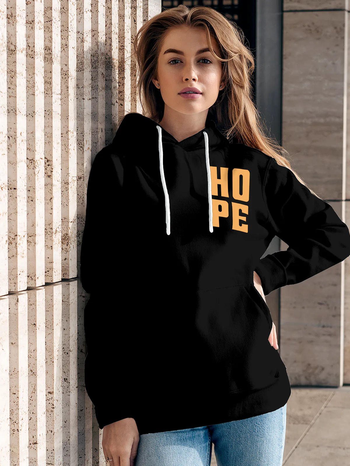 Model wearing Women's Black Hoodie Sweatshirt with 'Hope' design, offering effortless style and premium comfort