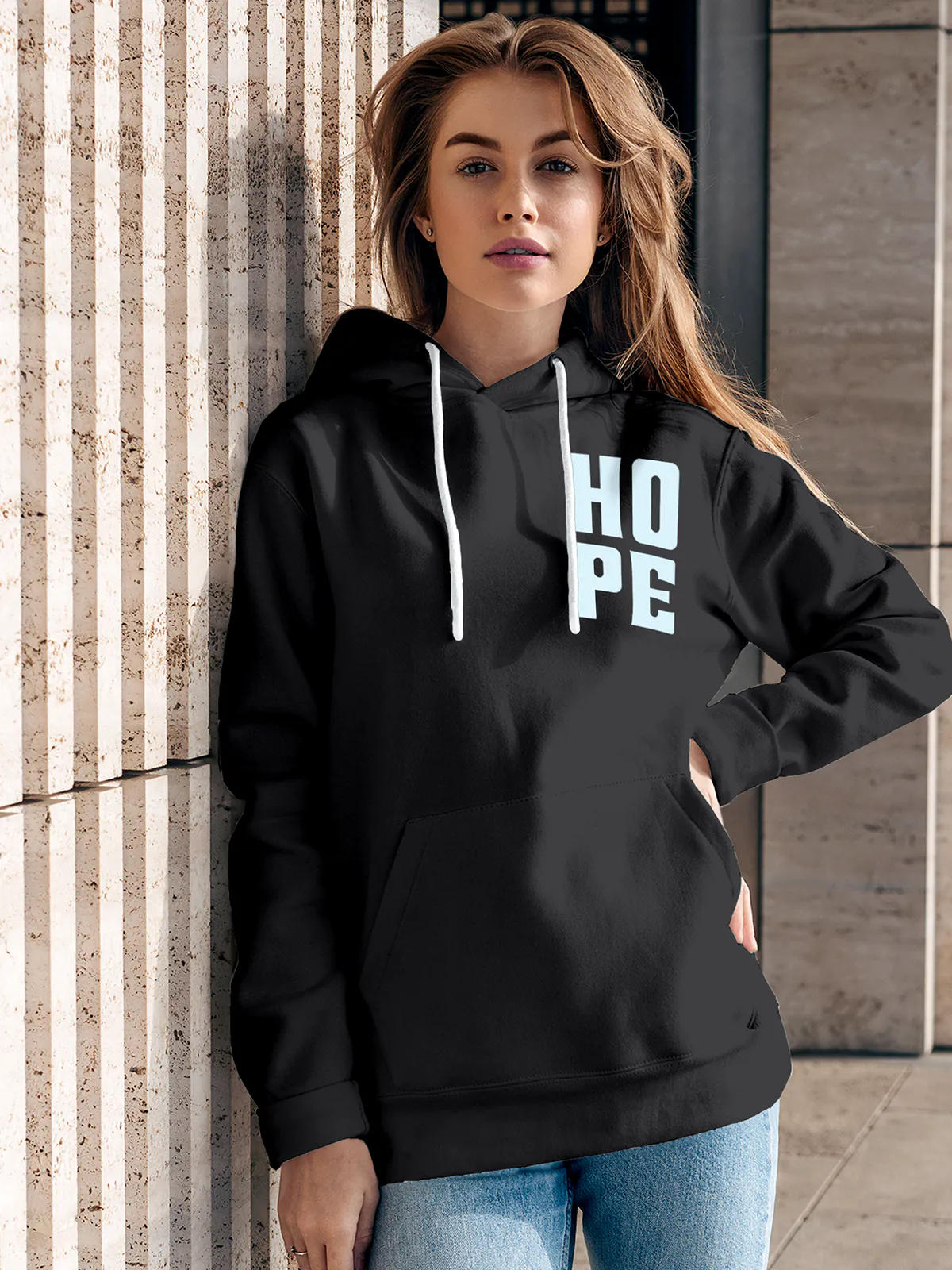 Model wearing Women's Dark Grey Hoodie Sweatshirt with 'Hope' design, offering effortless style and premium comfort