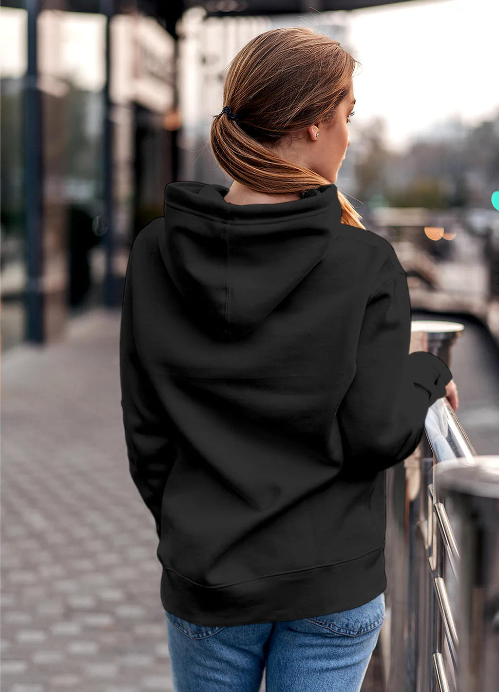Back view of Fighterhero Women's Dark Grey Hoodie Sweatshirt, highlighting the modern look and clean finish