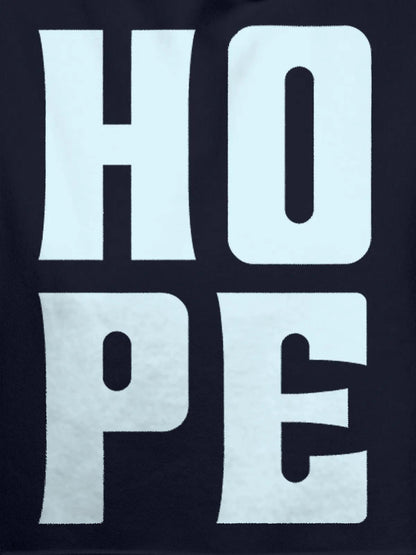 Close up of 'Hope' design on Men's Navy Blue Hoodie Sweatshirt, highlighting intricate details and vibrant print.