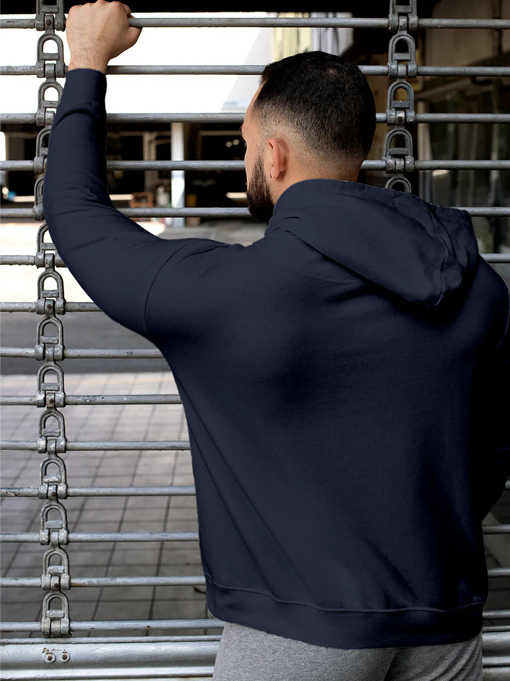 Back view of Fighterhero Men's Navy Blue Hoodie Sweatshirt, highlighting the modern look and clean finish