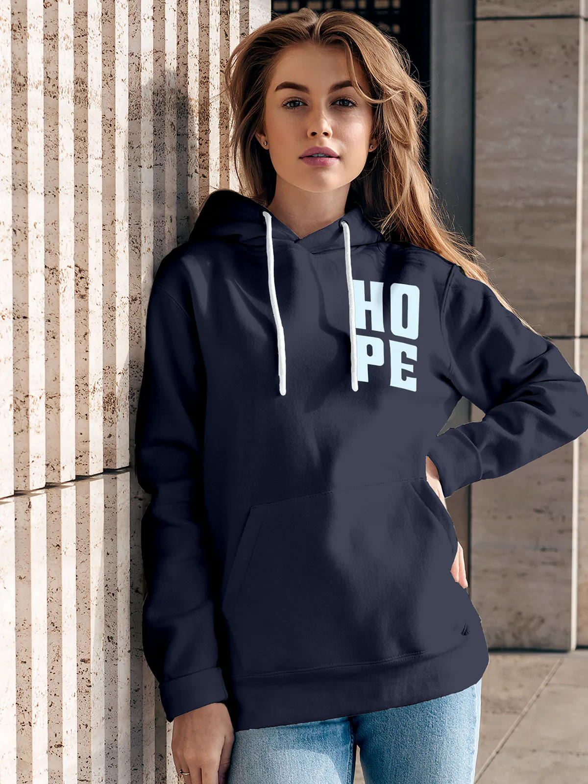 Model wearing Women's Navy Blue Hoodie Sweatshirt with 'Hope' design, offering effortless style and premium comfort