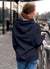 Back view of Fighterhero Women's Navy Blue Hoodie Sweatshirt, highlighting the modern look and clean finish