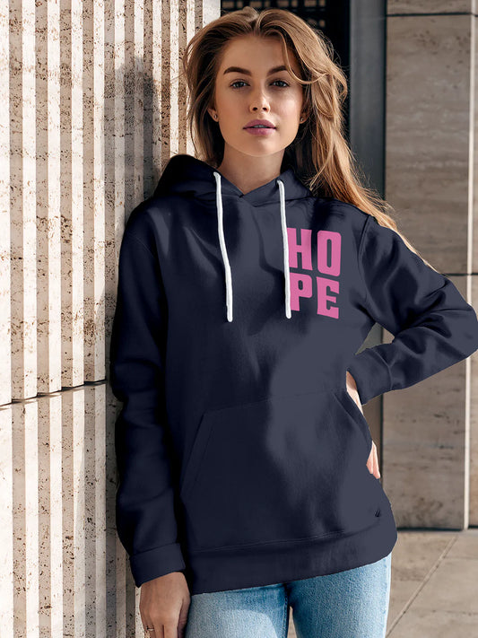 Fighterhero Hoodies: Model wearing Women's Navy Blue Hoodie Sweatshirt with 'Hope' design