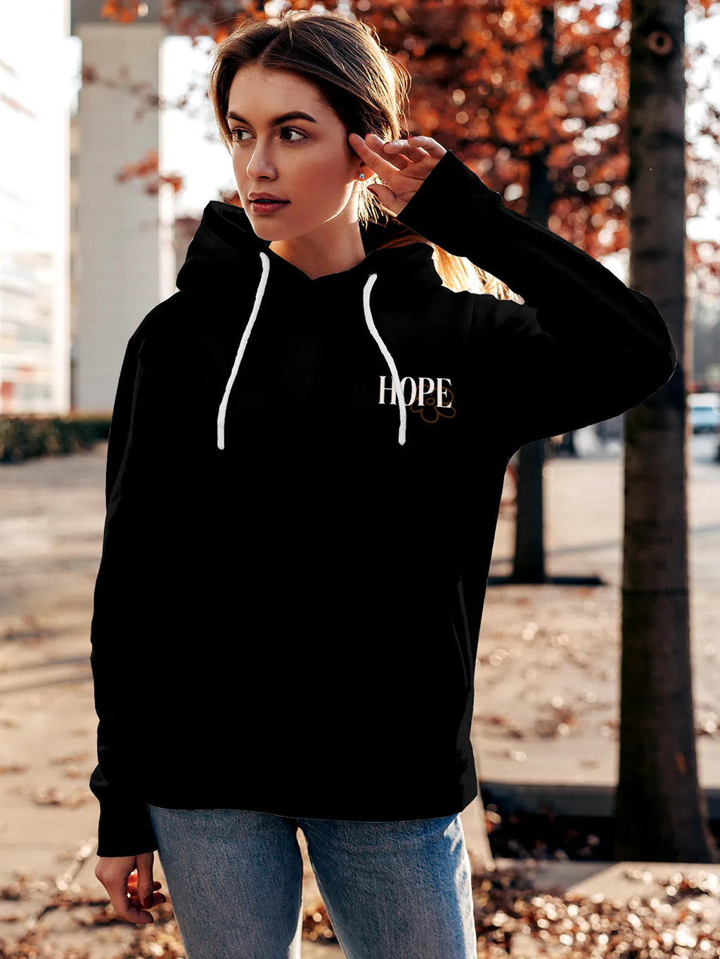 Front view of Fighterhero Women's Black Hoodie Sweatshirt, highlighting the modern look and clean finish