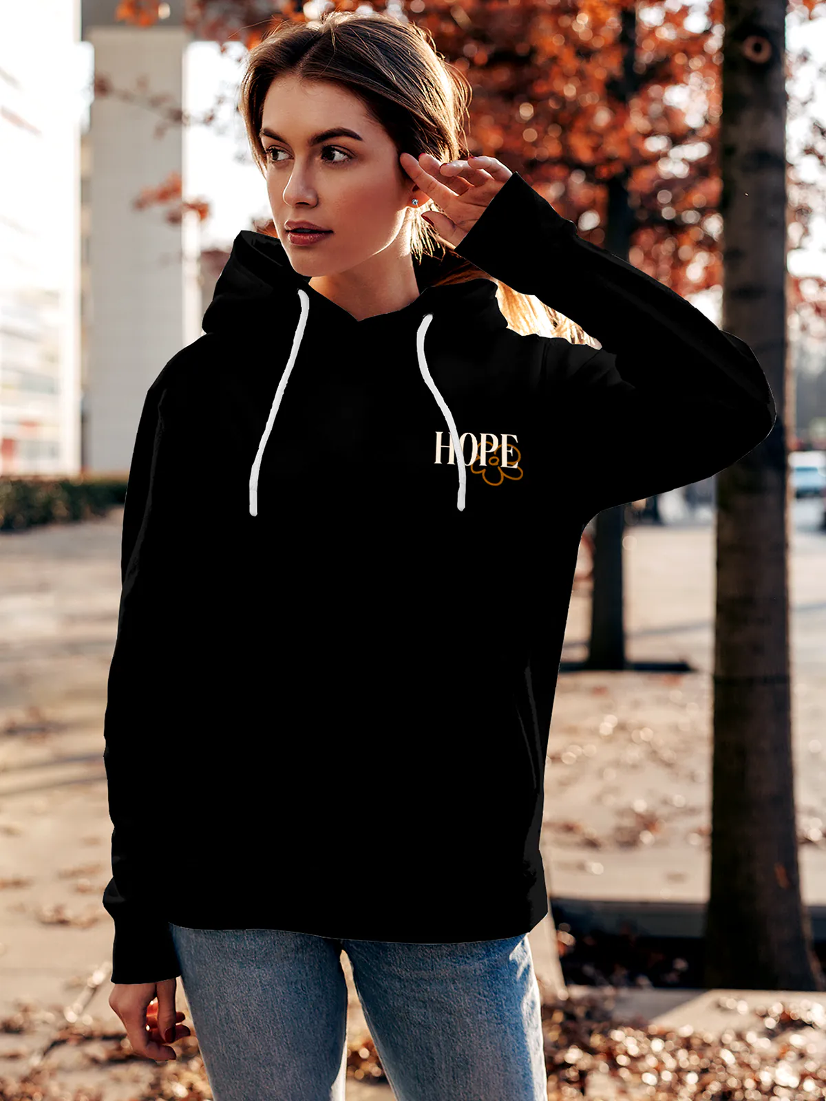 Front view of Fighterhero Women's Black Hoodie Sweatshirt, highlighting the modern look and clean finish