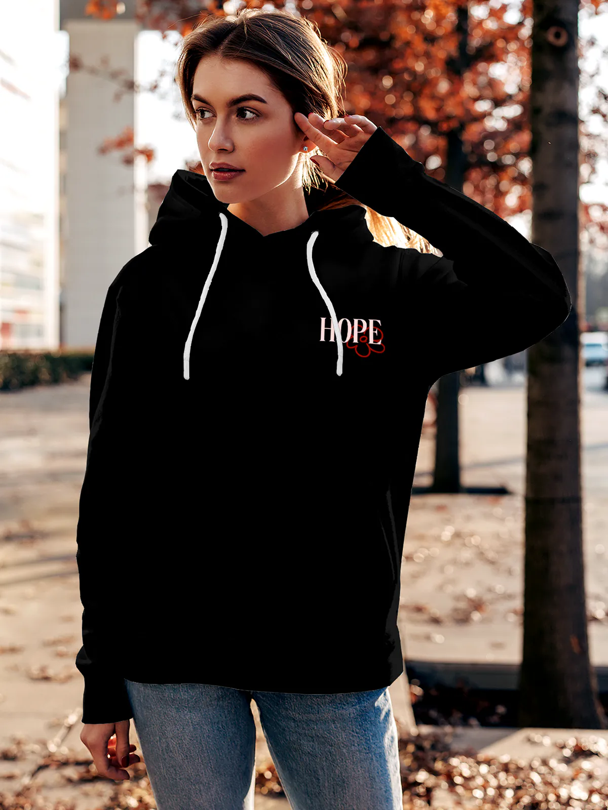 Front view of Fighterhero Women's Black Hoodie Sweatshirt, highlighting the modern look and clean finish