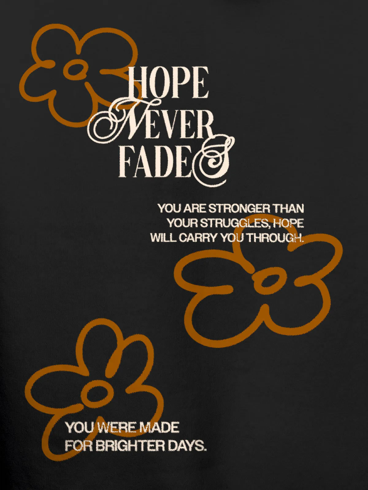 Close up of 'Hope Never Fades' design on Men's Dark Grey Hoodie Sweatshirt, highlighting intricate details and vibrant print.