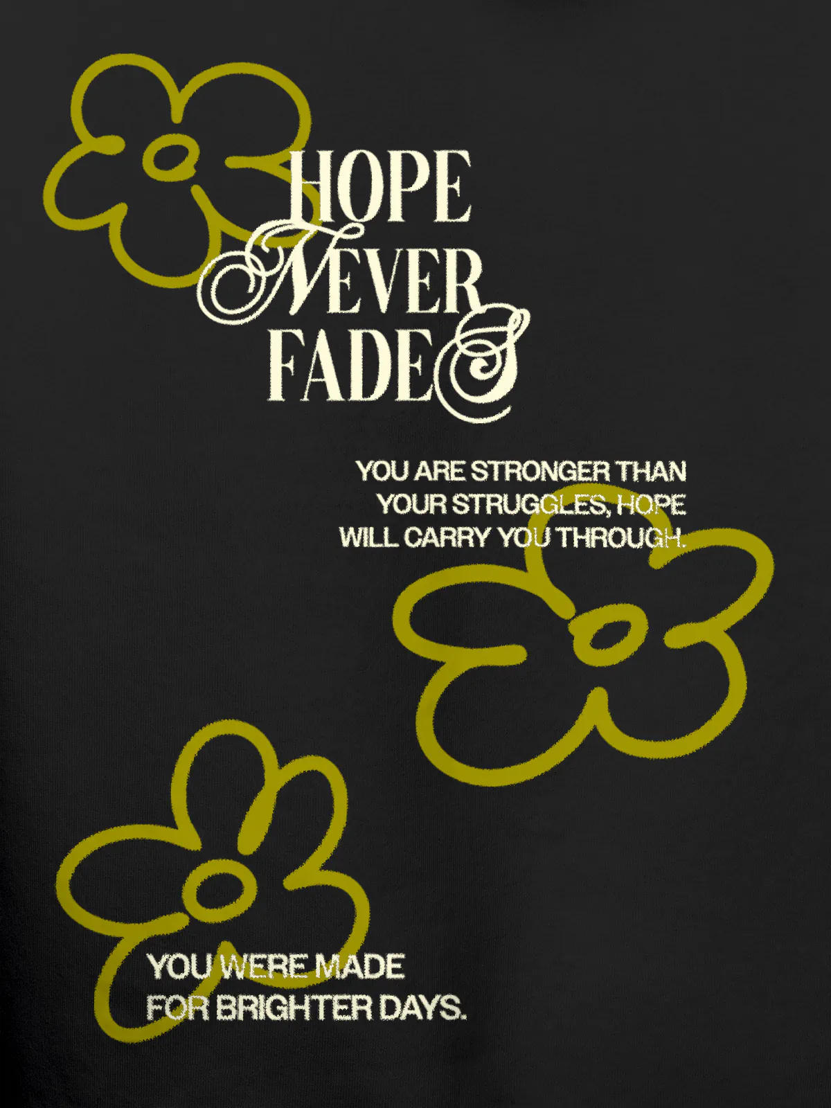 Close up of 'Hope Never Fades' design on Men's Dark Grey Hoodie Sweatshirt, highlighting intricate details and vibrant print.