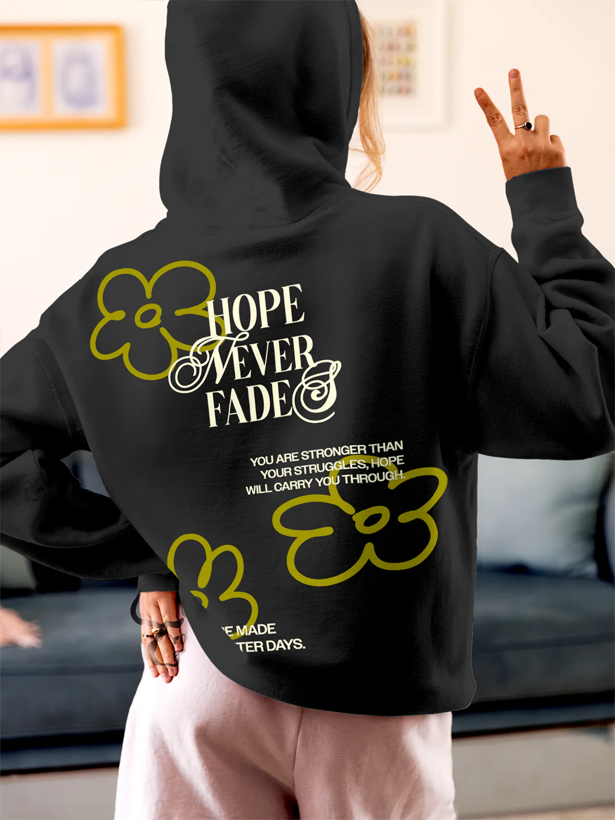 Model wearing Women's Dark Grey Hoodie Sweatshirt with 'Hope Never Fades' design, offering effortless style and premium comfort