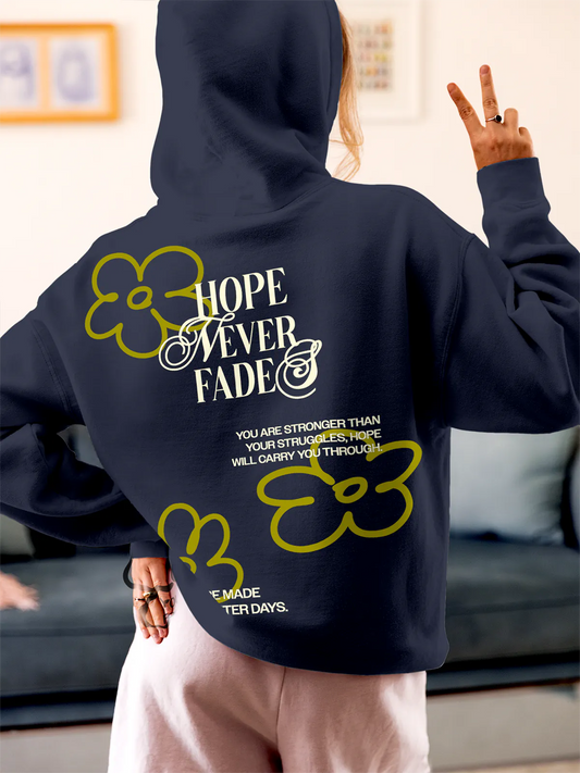 Fighterhero Hoodies: Model wearing Women's Navy Blue Hoodie Sweatshirt with 'Hope Never Fades' design