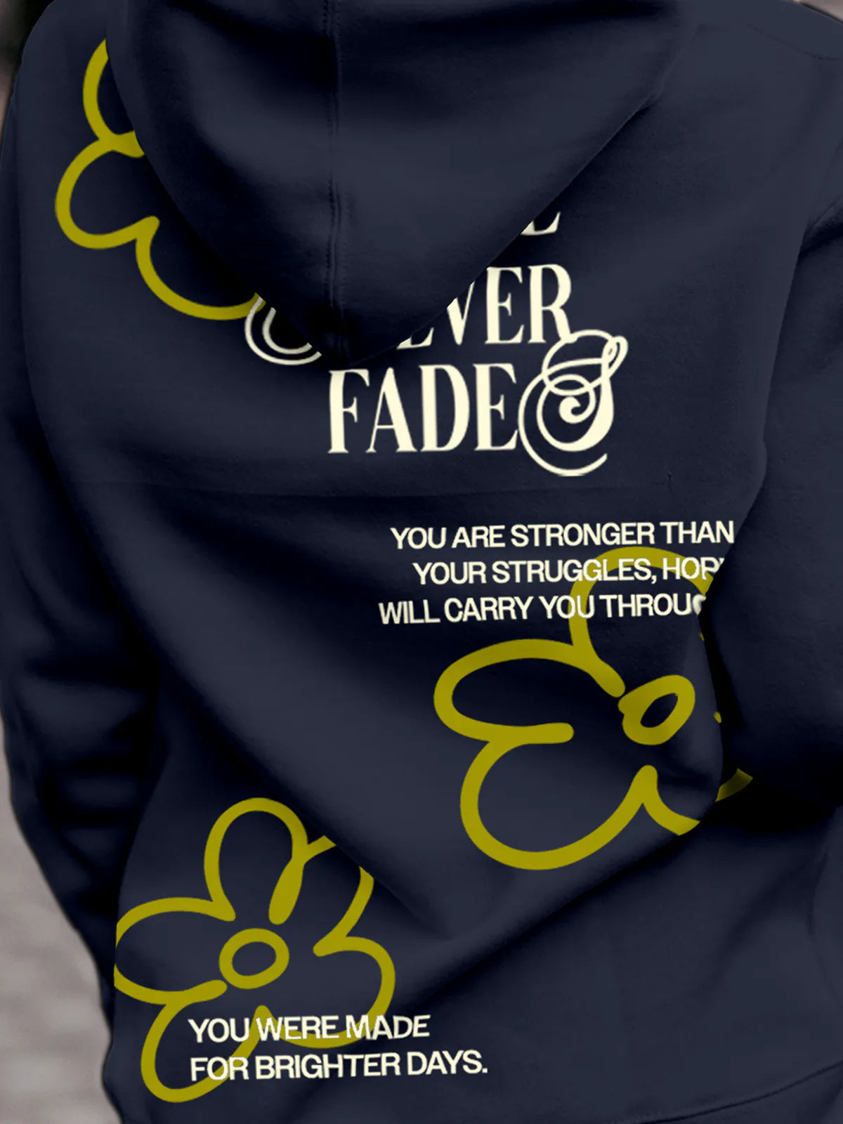 Close up of 'Hope Never Fades' design on Women's Navy Blue Hoodie Sweatshirt, highlighting intricate details and vibrant print.