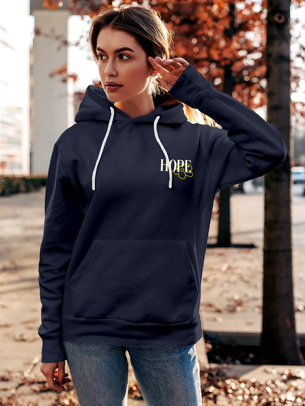Front view of Fighterhero Women's Navy Blue Hoodie Sweatshirt, highlighting the modern look and clean finish