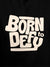 Close up of 'Born To Defy' design on Men's Black Hoodie Sweatshirt, highlighting intricate details and vibrant print.