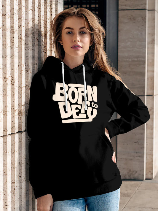 Fighterhero Hoodies: Model wearing Women's Black Hoodie Sweatshirt with 'Born To Defy' design