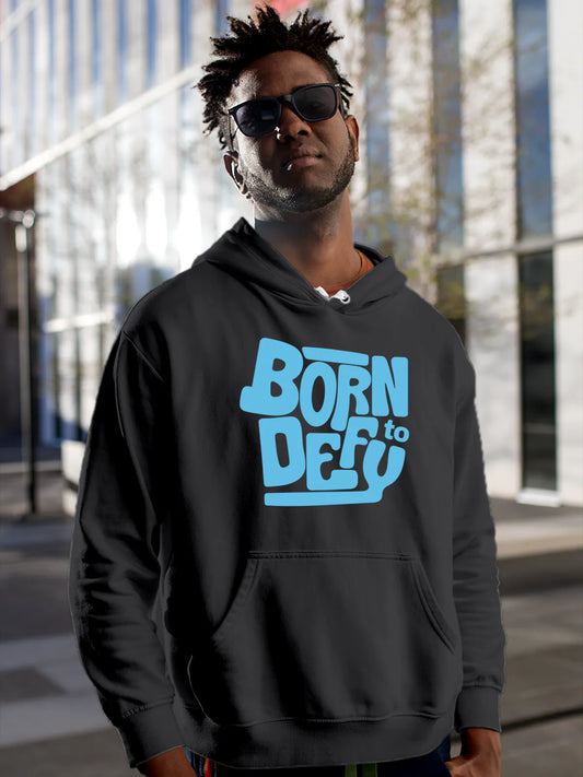 Fighterhero Hoodies: Model wearing Men's Dark Grey Hoodie Sweatshirt with 'Born To Defy' design
