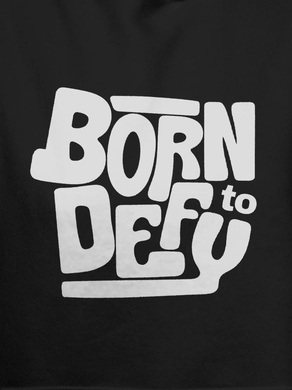 Close up of 'Born To Defy' design on Men's Dark Grey Hoodie Sweatshirt, highlighting intricate details and vibrant print.