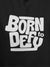 Close up of 'Born To Defy' design on Men's Dark Grey Hoodie Sweatshirt, highlighting intricate details and vibrant print.