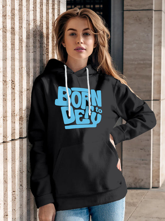 Fighterhero Hoodies: Model wearing Women's Dark Grey Hoodie Sweatshirt with 'Born To Defy' design