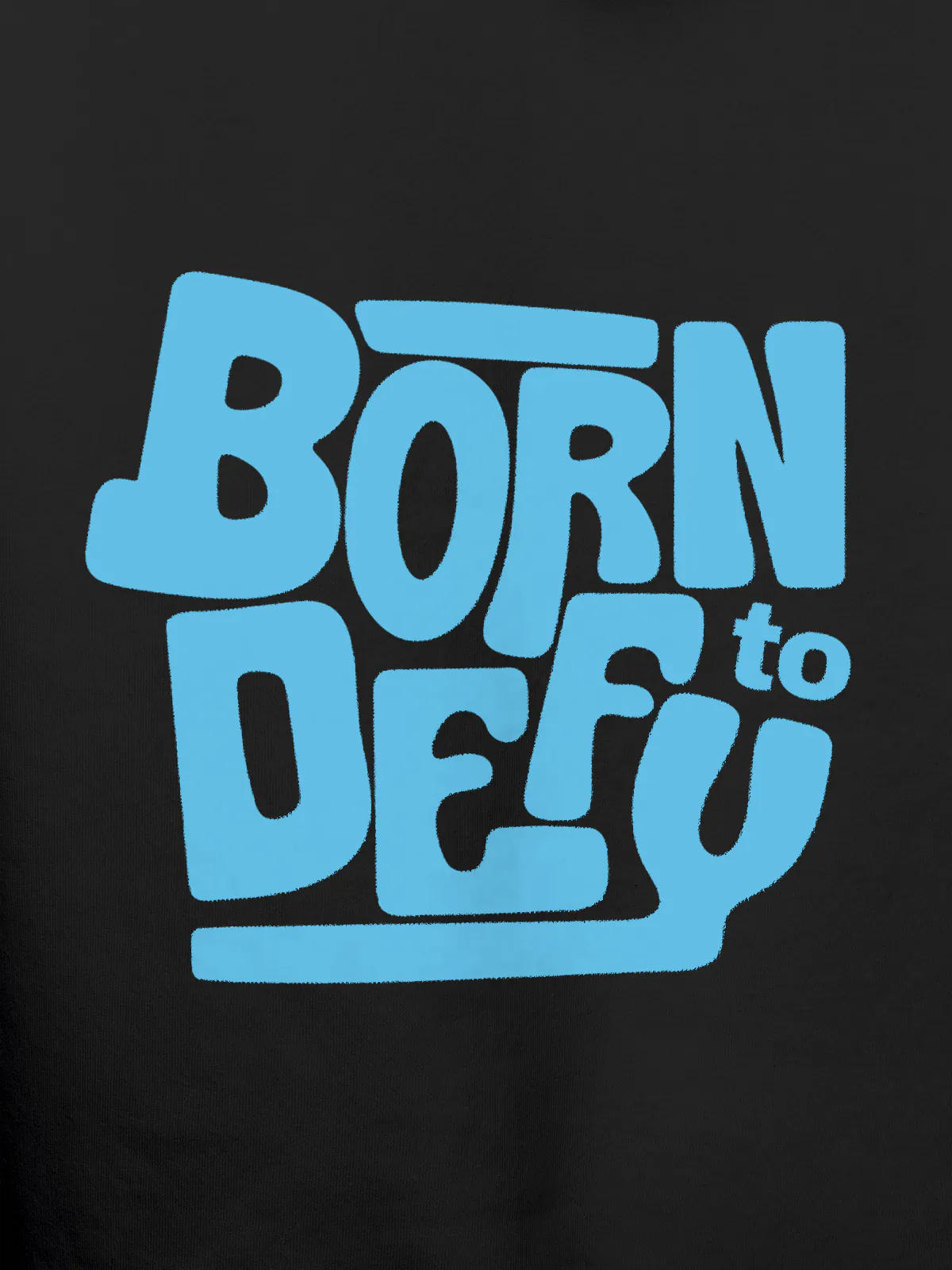 Close up of 'Born To Defy' design on Women's Dark Grey Hoodie Sweatshirt, highlighting intricate details and vibrant print.