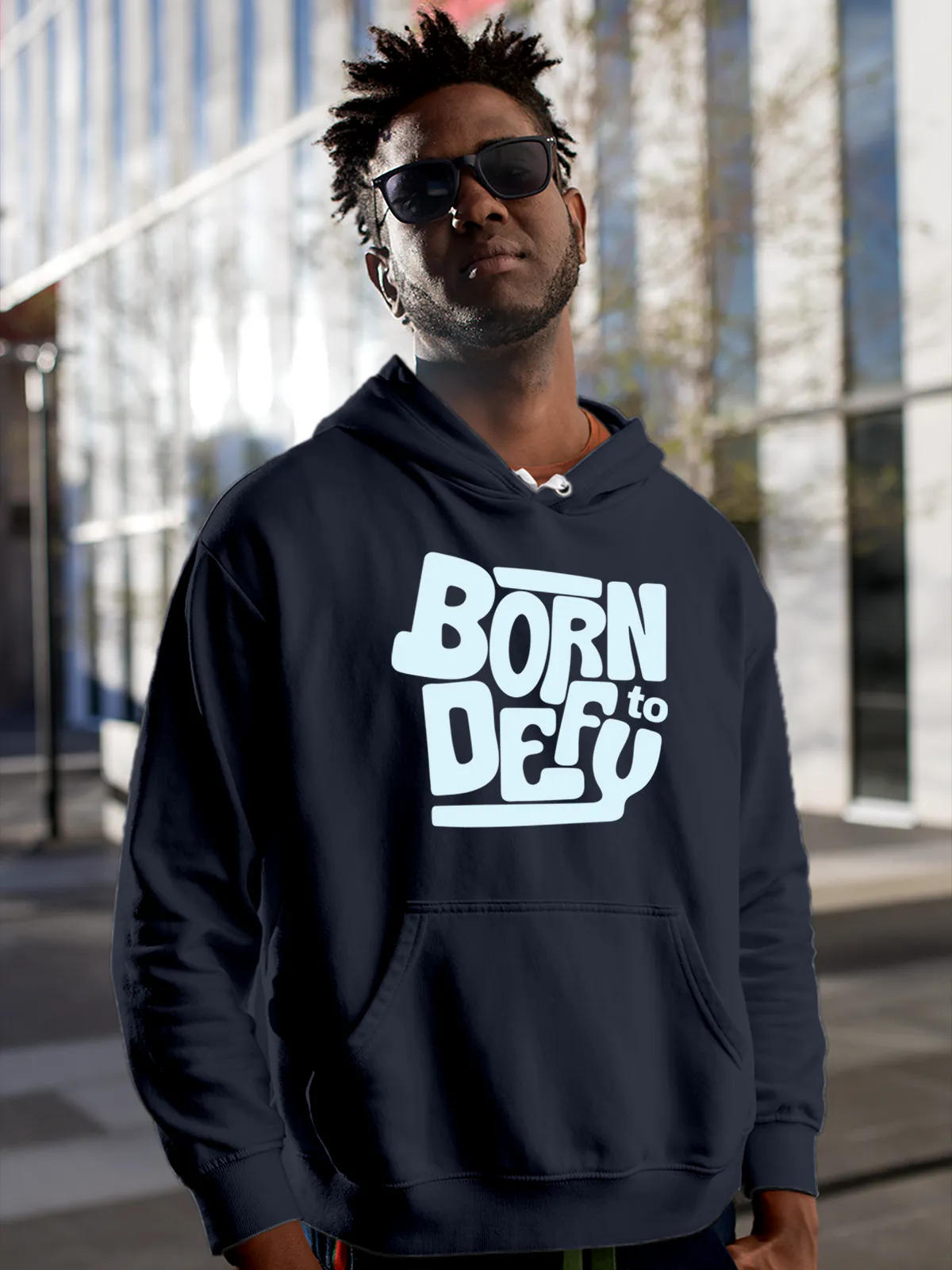 Born To Defy Solid Navy Hoodie Light Blue S