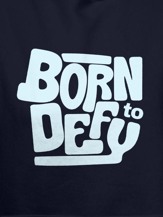 Close up of 'Born To Defy' design on Men's Navy Blue Hoodie Sweatshirt, highlighting intricate details and vibrant print.