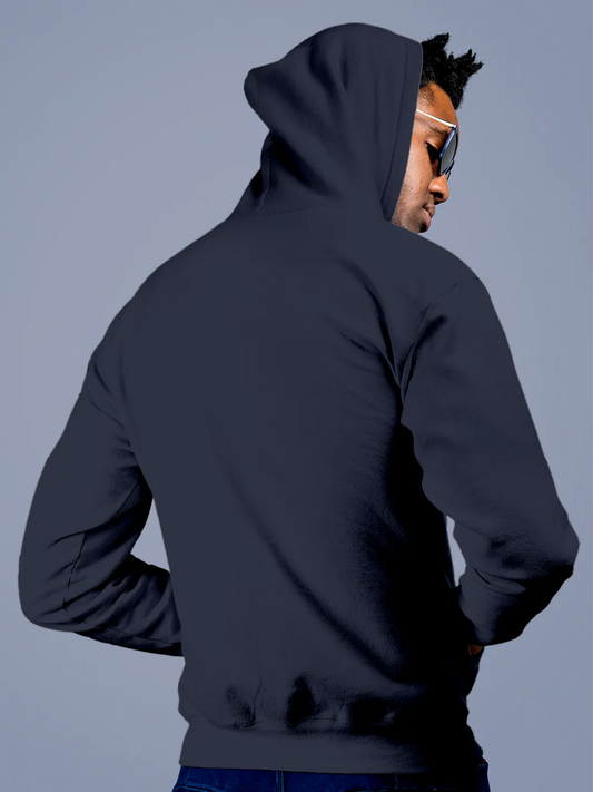 Back view of Fighterhero Men's Navy Blue Hoodie Sweatshirt, highlighting the modern look and clean finish