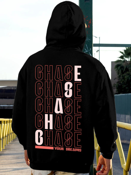 Fighterhero Hoodies: Model wearing Men's Black Hoodie Sweatshirt with 'Chase Your Dreams' design