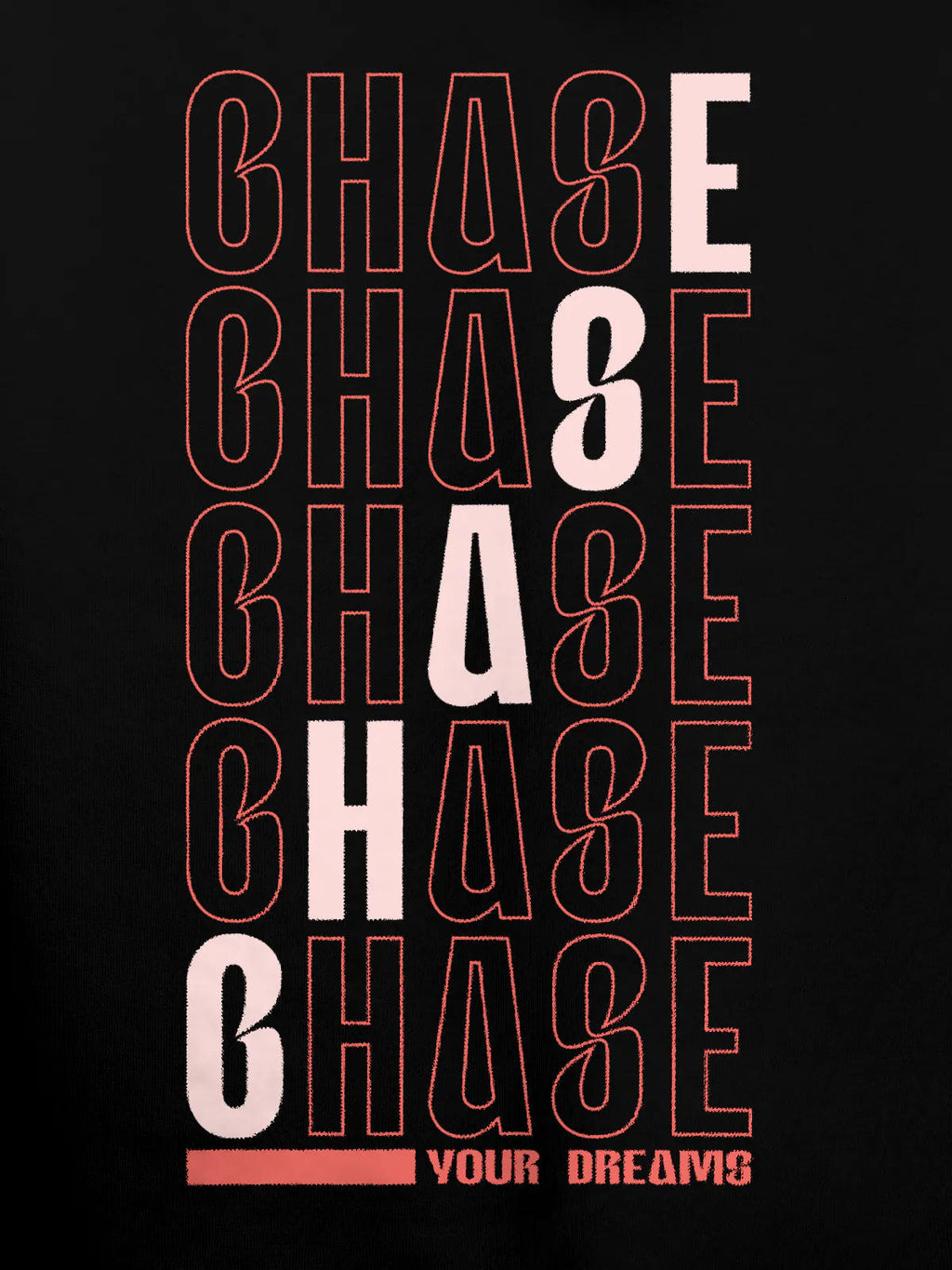 Close up of 'Chase Your Dreams' design on Men's Black Hoodie Sweatshirt, highlighting intricate details and vibrant print.