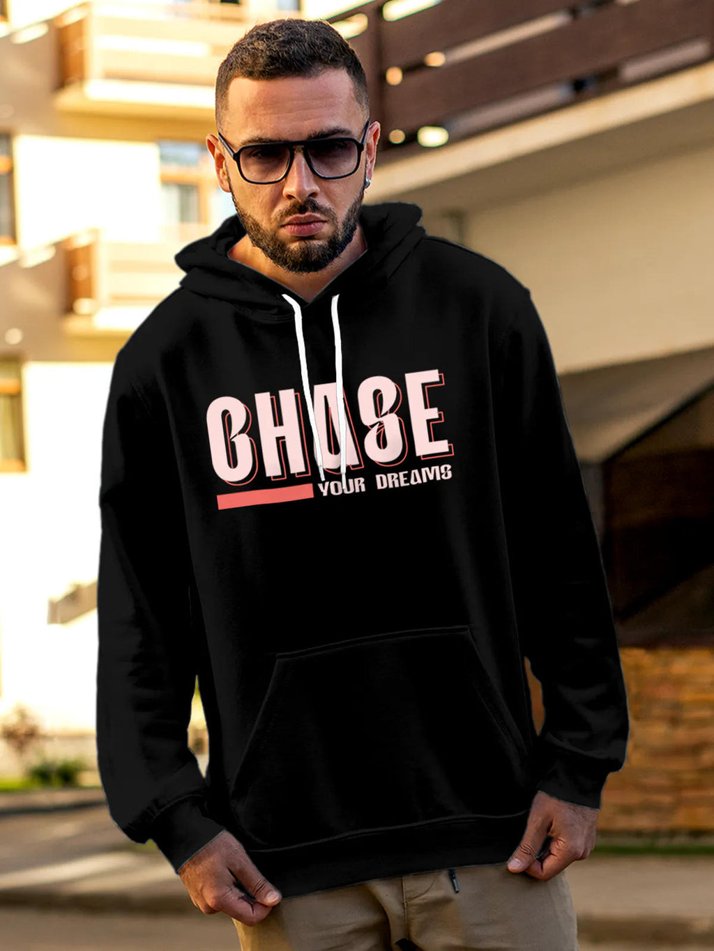 Front view of Fighterhero Men's Black Hoodie Sweatshirt, highlighting the modern look and clean finish