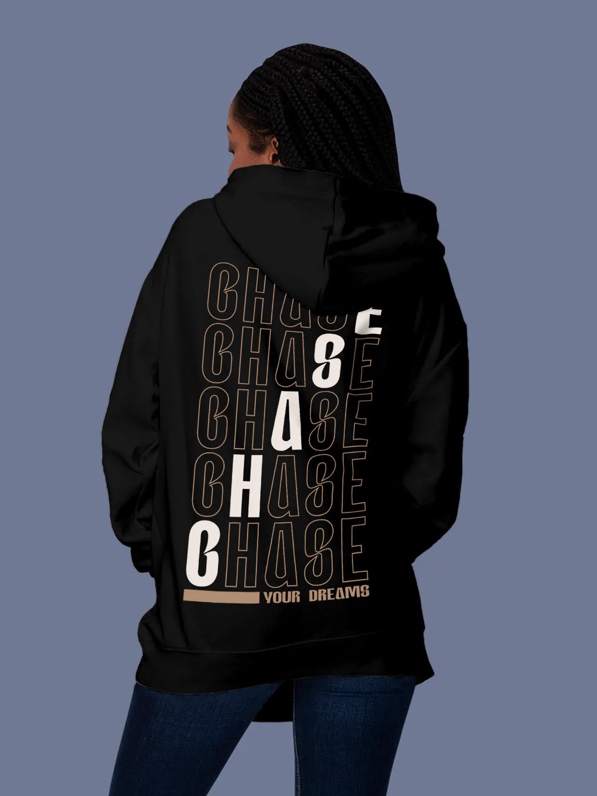 Model wearing Women's Black Hoodie Sweatshirt with 'Chase Your Dreams' design, offering effortless style and premium comfort