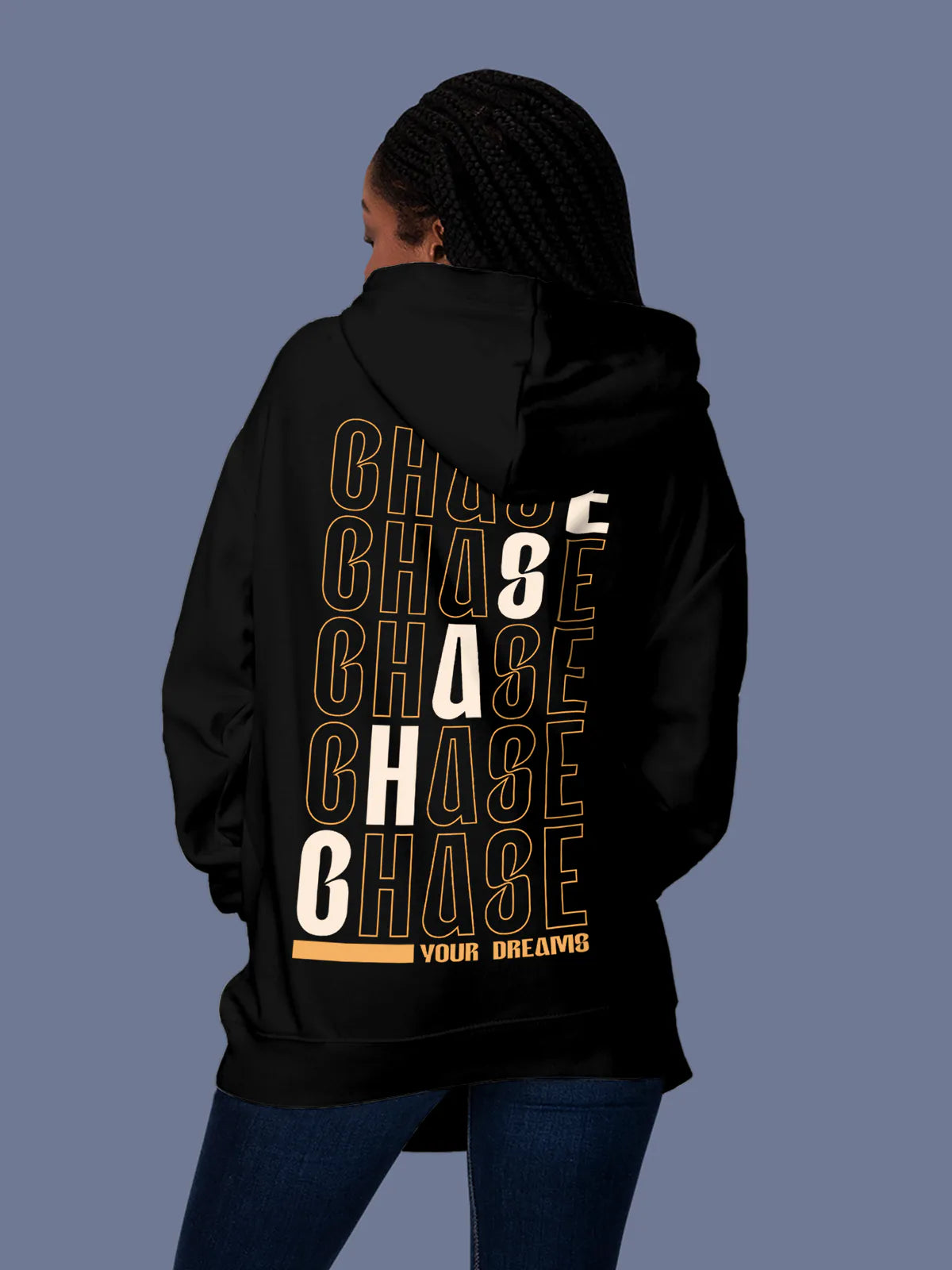 Model wearing Women's Black Hoodie Sweatshirt with 'Chase Your Dreams' design, offering effortless style and premium comfort