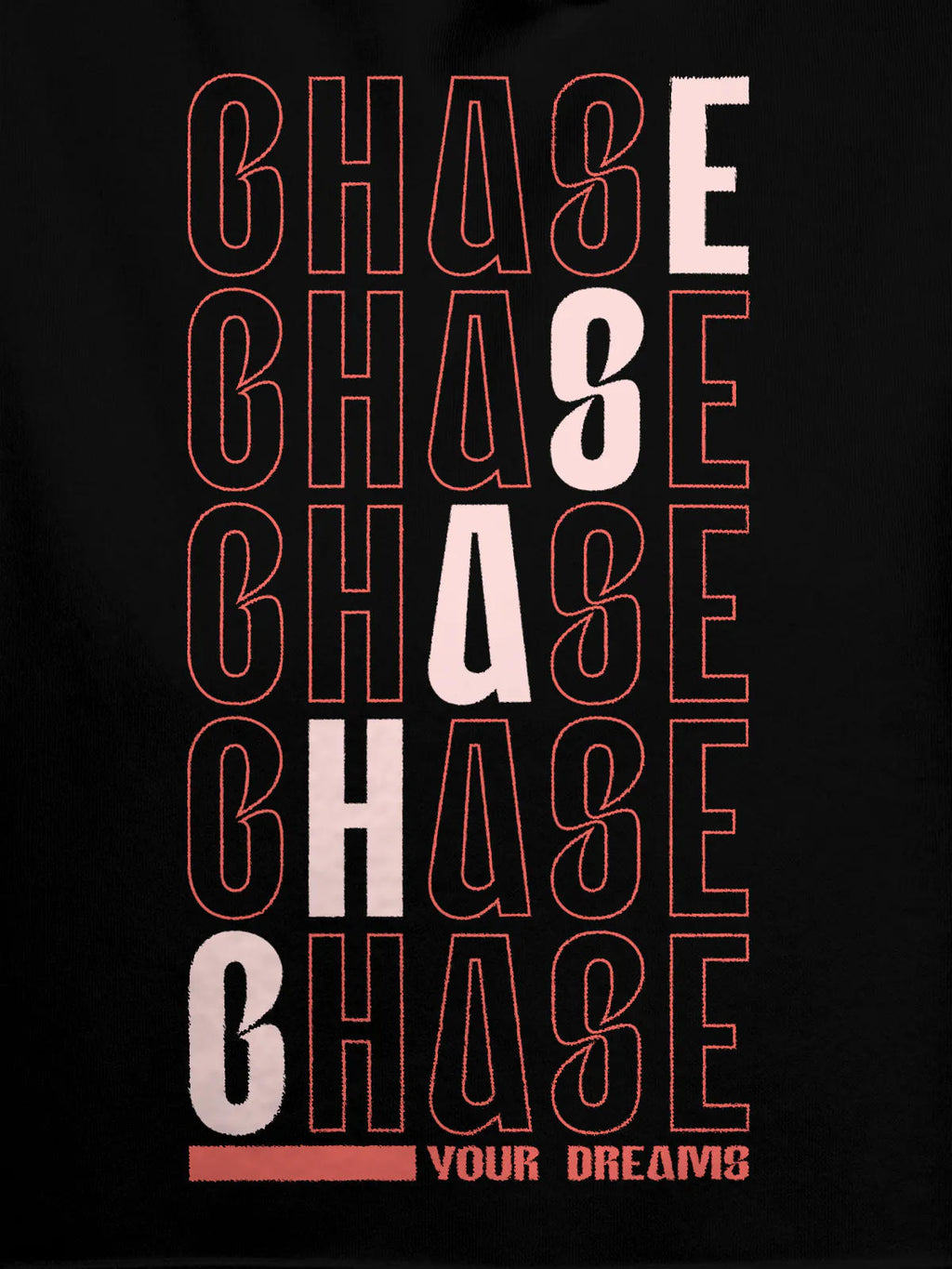 Close up of 'Chase Your Dreams' design on Women's Black Hoodie Sweatshirt, highlighting intricate details and vibrant print.