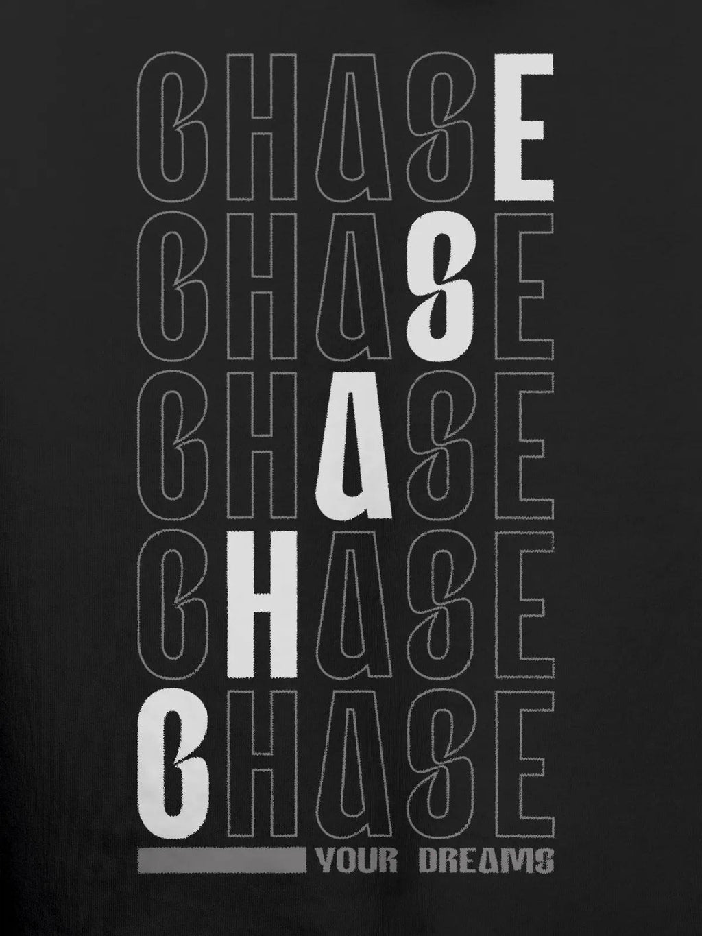 Close up of 'Chase Your Dreams' design on Men's Dark Grey Hoodie Sweatshirt, highlighting intricate details and vibrant print.