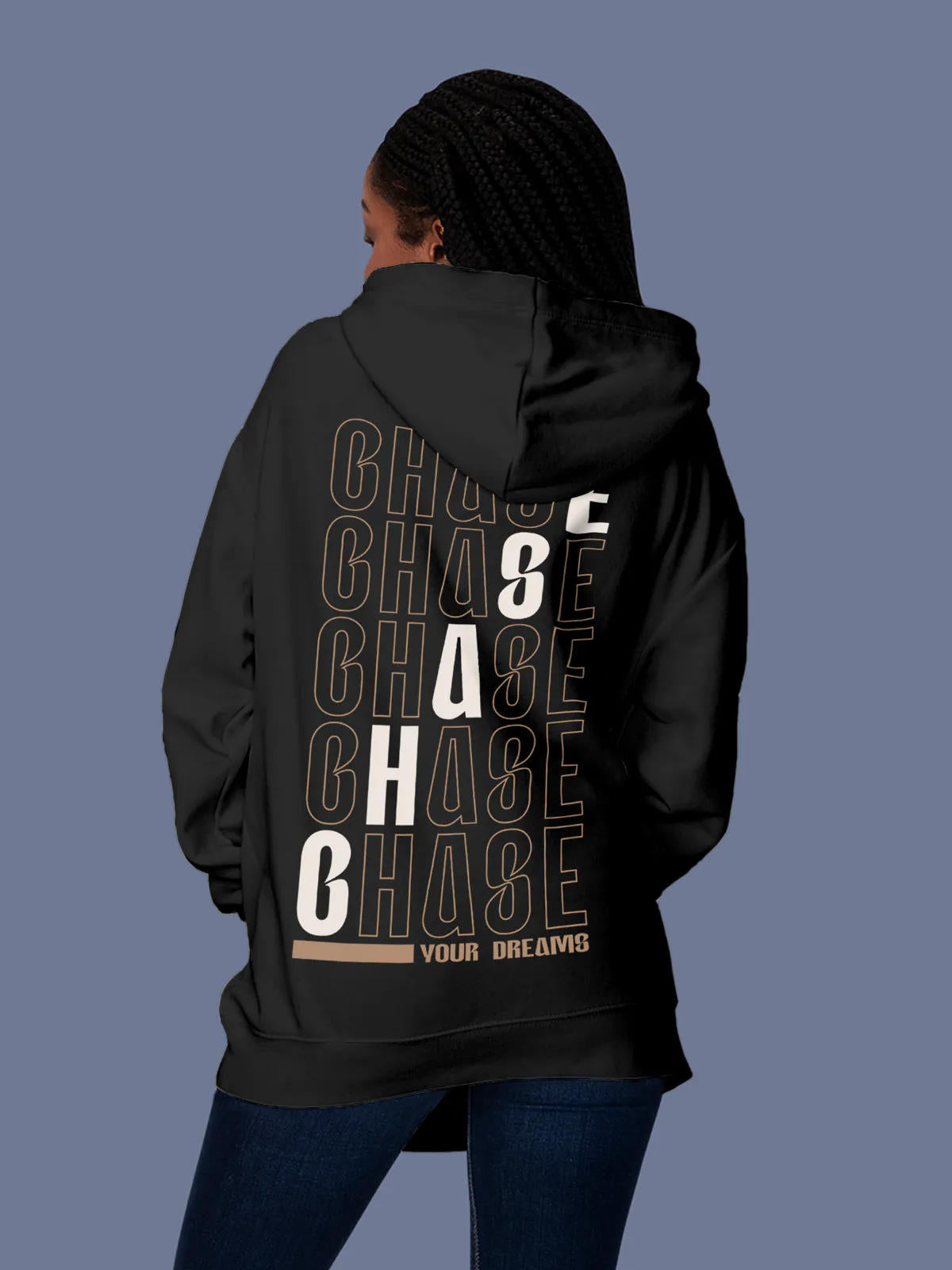 Model wearing Women's Dark Grey Hoodie Sweatshirt with 'Chase Your Dreams' design, offering effortless style and premium comfort