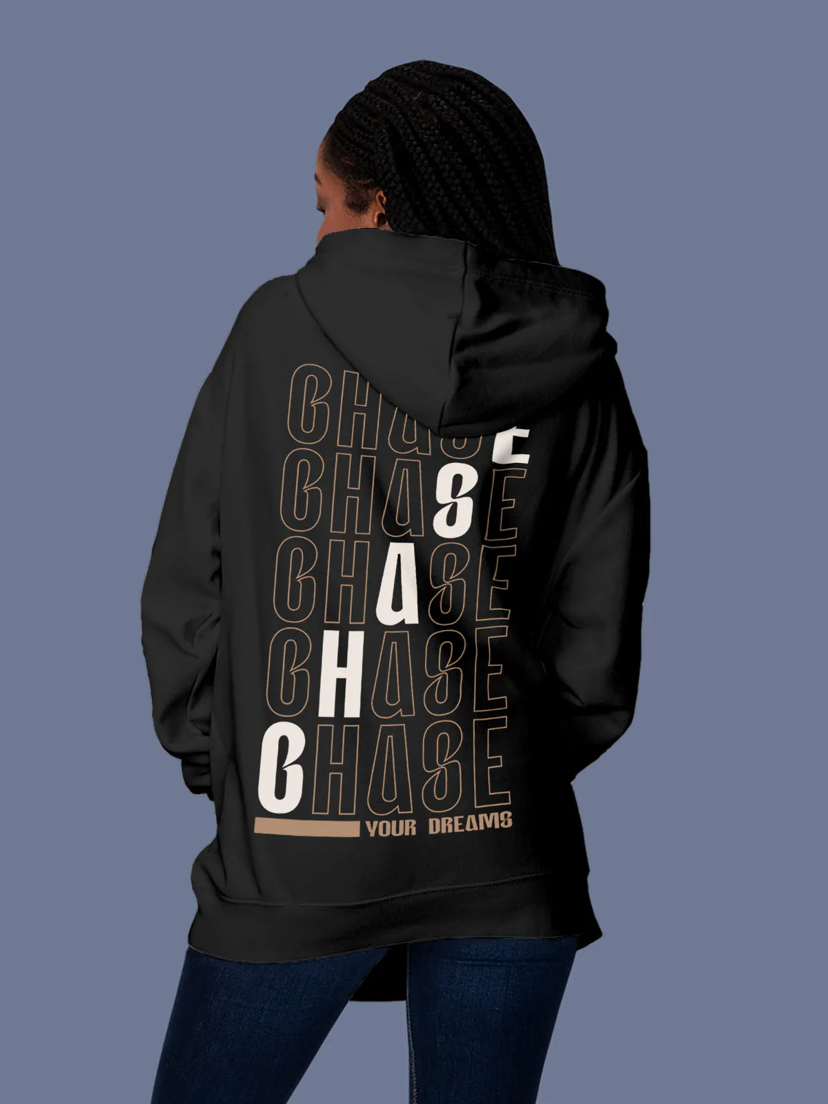 Model wearing Women's Dark Grey Hoodie Sweatshirt with 'Chase Your Dreams' design, offering effortless style and premium comfort